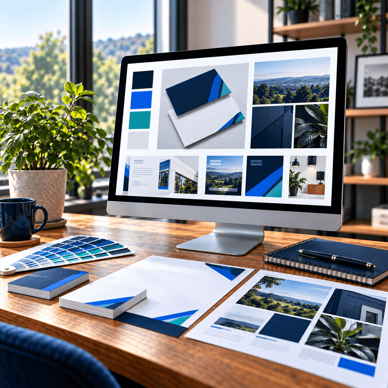 Graphic design workspace with branding, colour swatches and business materials by A Lewis in Crowborough, East Sussex 117 / 120