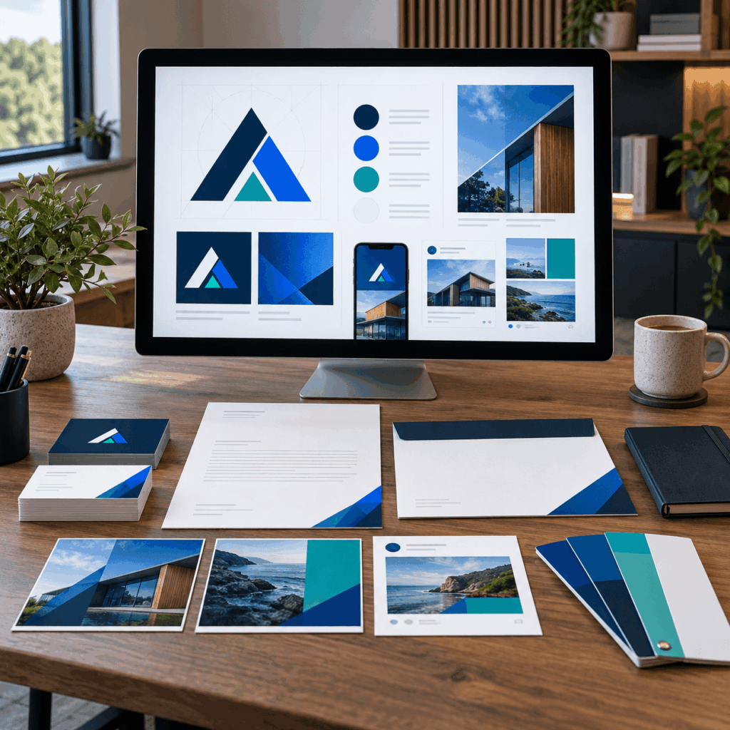 Corporate branding workspace with logo, stationery and digital designs by A Lewis in Crowborough, East Sussex