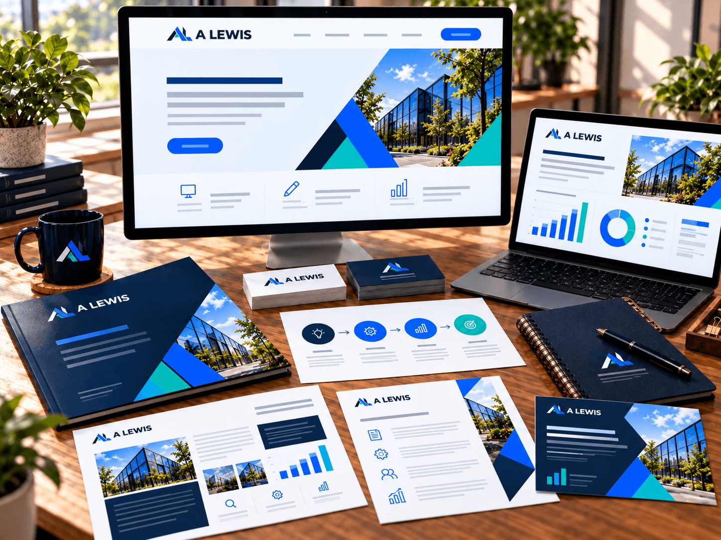 B2B graphic design workspace with A Lewis branded proposals and digital visuals in Crowborough, East Sussex
