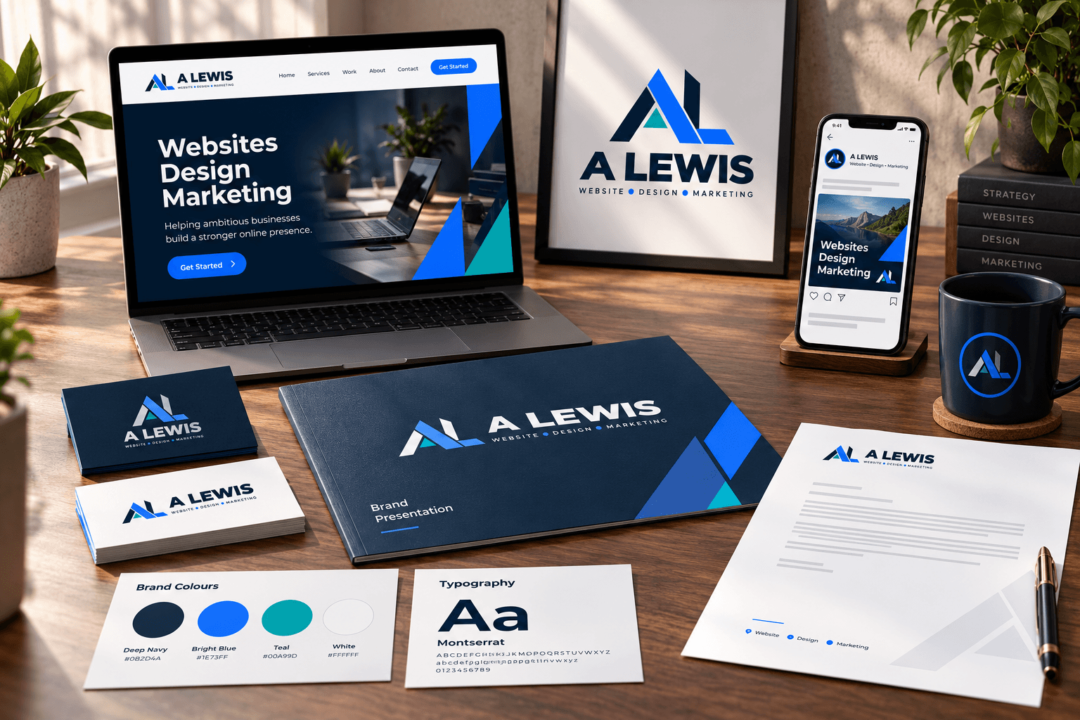 A Lewis brand identity workspace with logo, typography and business materials in Crowborough, East Sussex