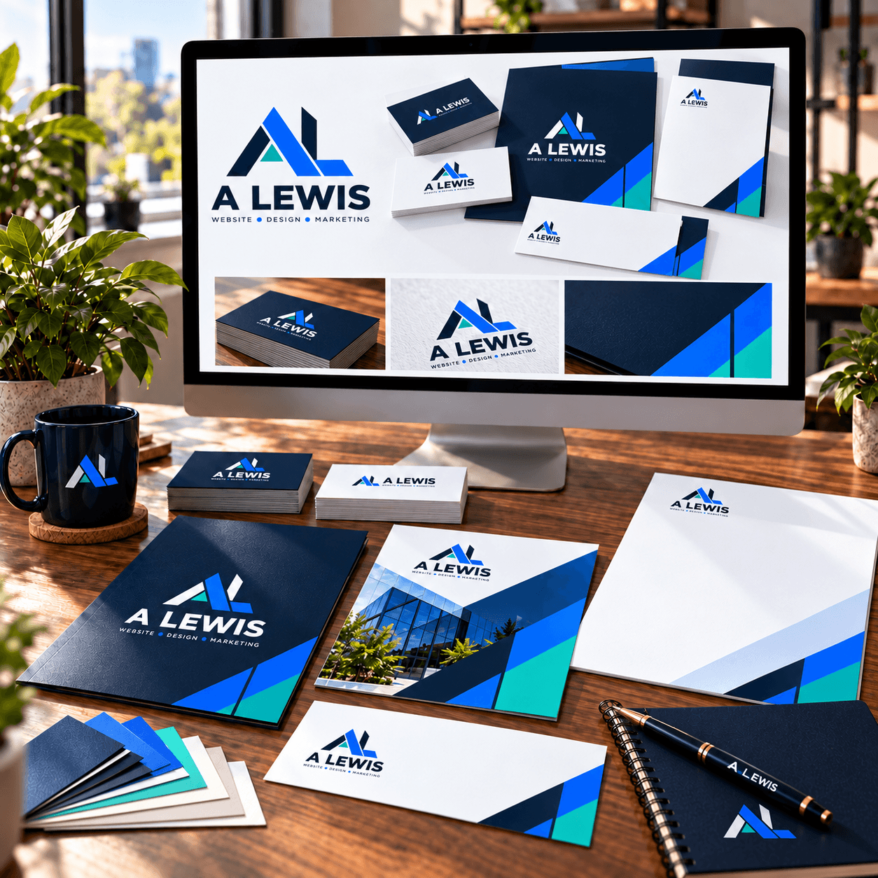 Business cards and print design workspace with A Lewis branding in Crowborough, East Sussex