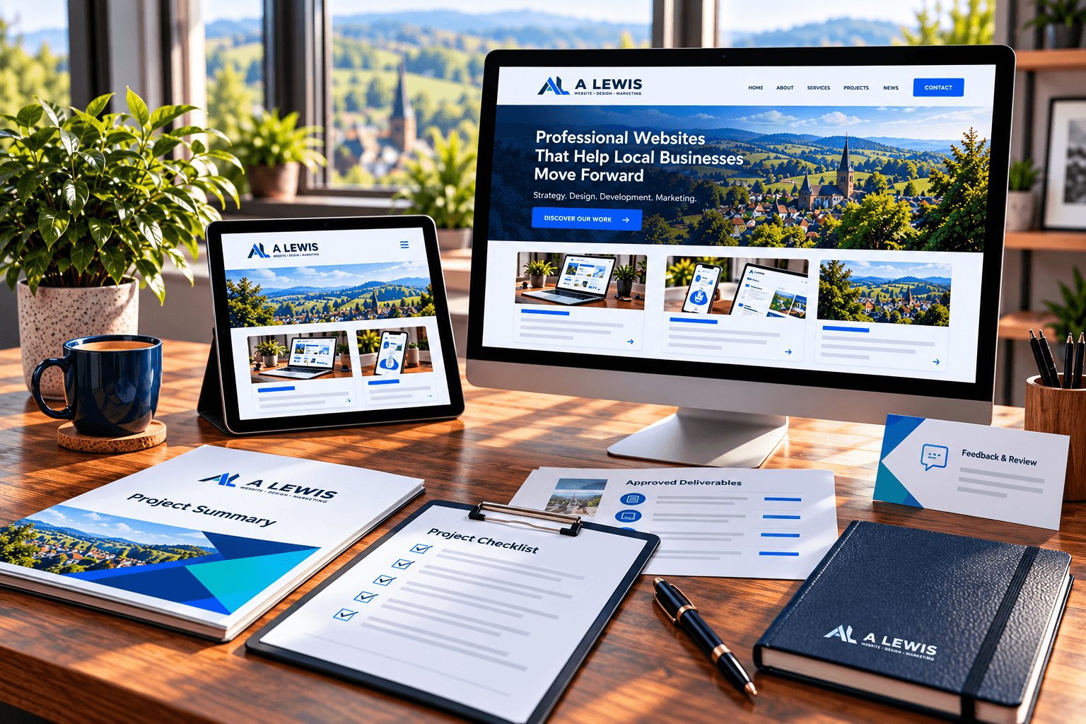 Client feedback review workspace with A Lewis project delivery materials in Crowborough, East Sussex