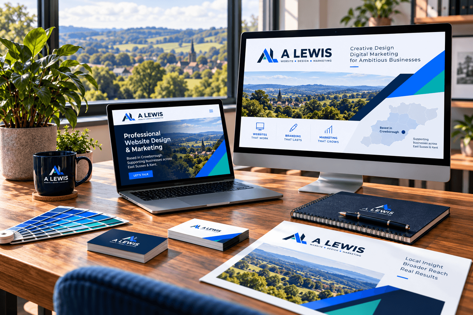 A Lewis Website Design Marketing workspace showing branded graphic design and regional support across Crowborough, East Sussex and Kent.