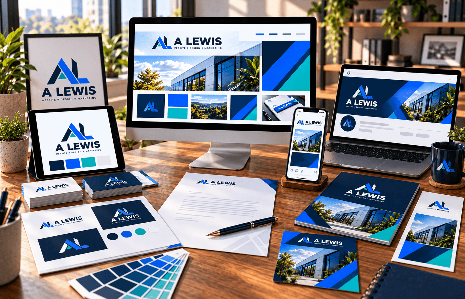 Graphic design services workspace with A Lewis branding, print and digital assets in Crowborough, East Sussex