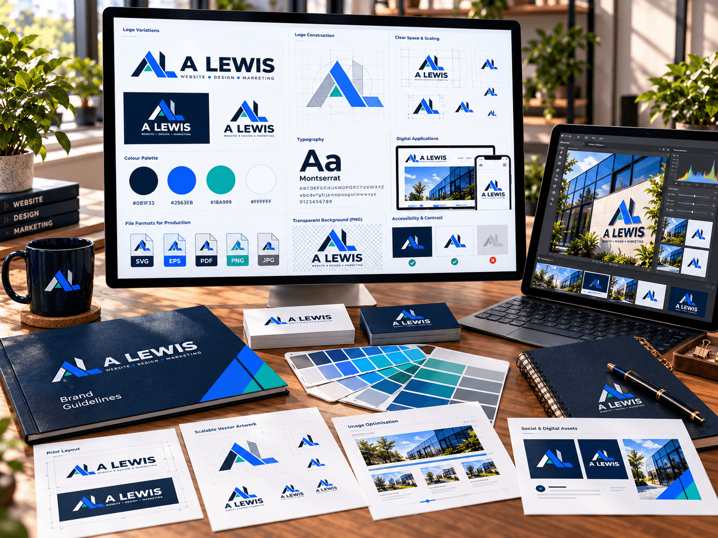 Graphic design tools workspace with A Lewis branding, logo files and colour checks in Crowborough, East Sussex