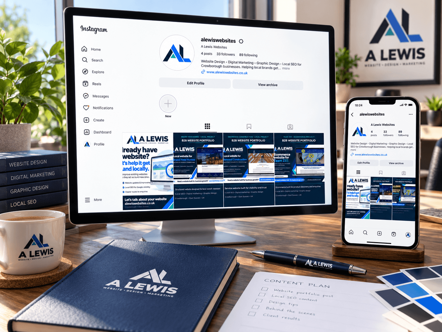A Lewis Instagram profile showing website, design, marketing and SEO project content in Crowborough, East Sussex