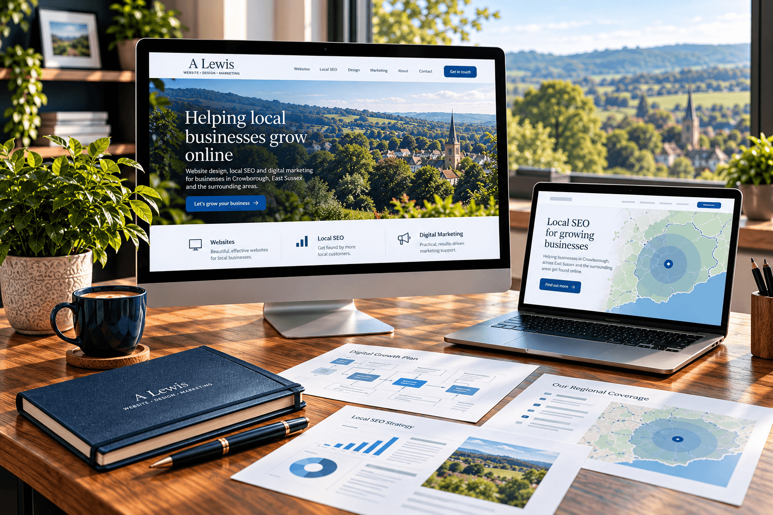 Local SEO workspace with regional coverage by A Lewis Website Design Marketing in Crowborough, East Sussex and Kent
