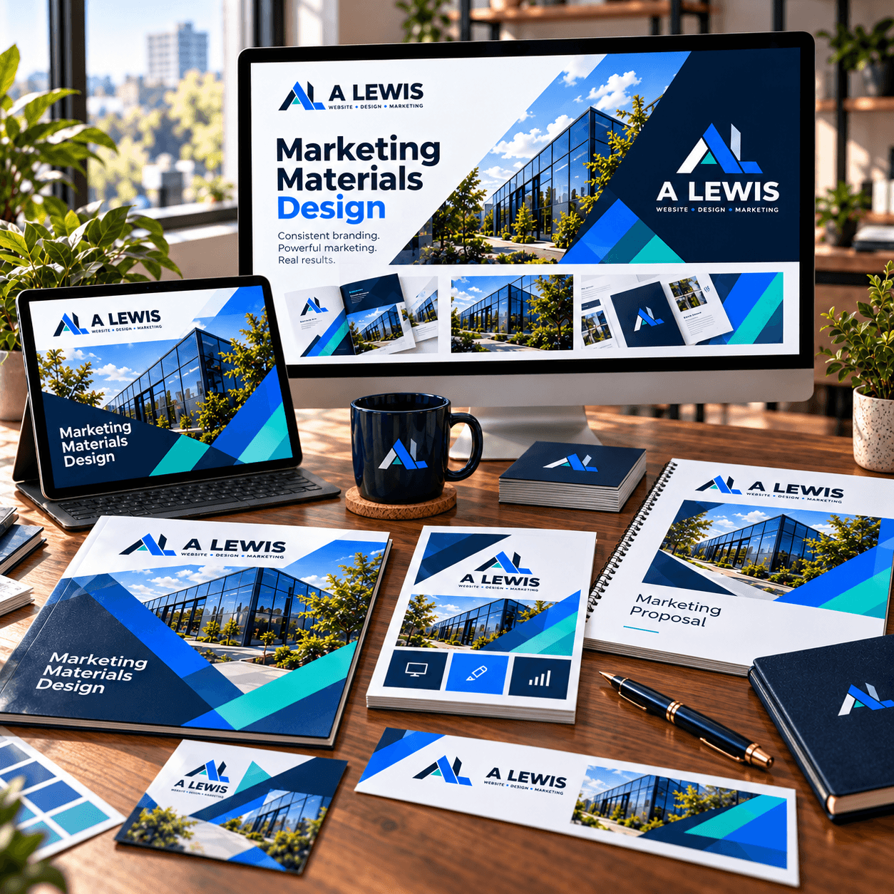 Marketing materials design workspace with A Lewis branded print and digital assets in Crowborough, East Sussex