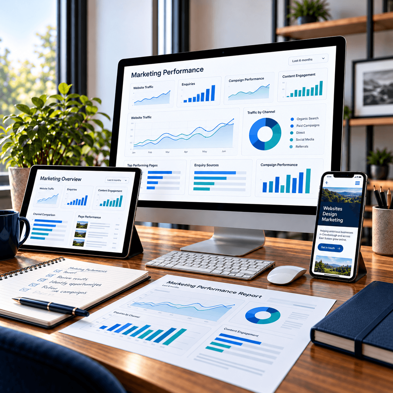 Marketing performance reporting workspace with analytics and campaign charts by A Lewis in Crowborough, East Sussex