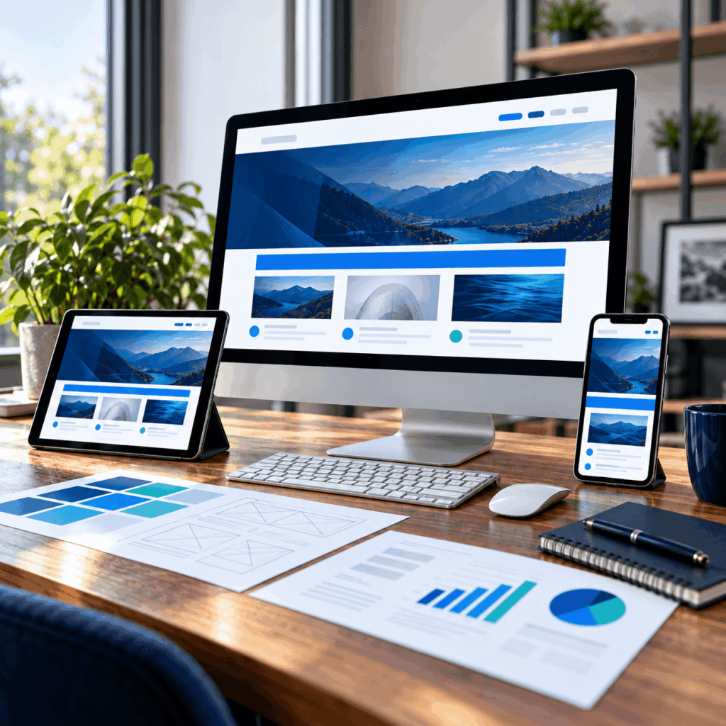 Responsive website design workspace with desktop, tablet and mobile for A Lewis Web Design in Crowborough, East Sussex