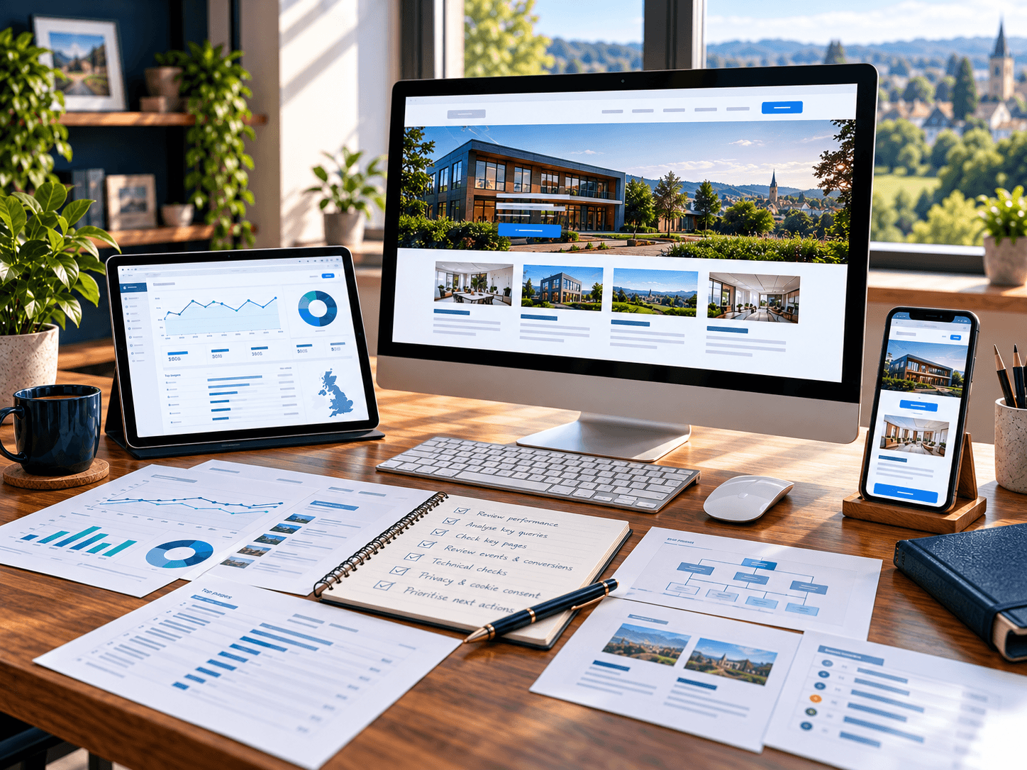 SEO measurement workspace with analytics, consent checks and website review by A Lewis in Crowborough, East Sussex