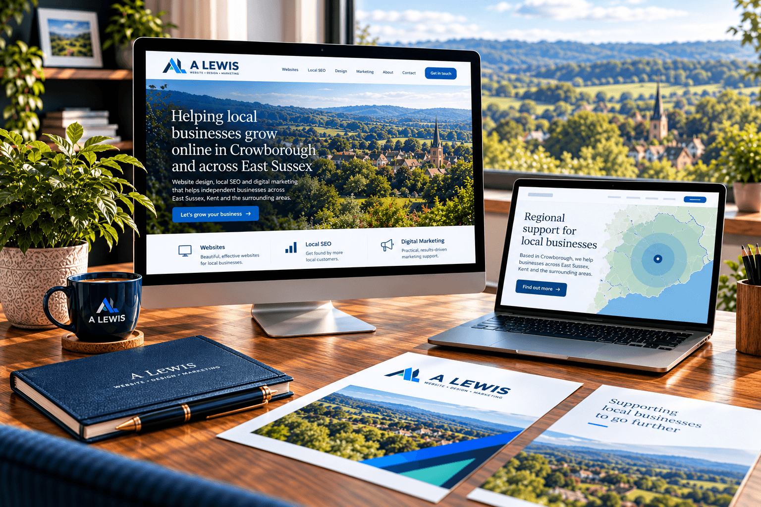 A Lewis service area workspace showing regional support from Crowborough across East Sussex and Kent