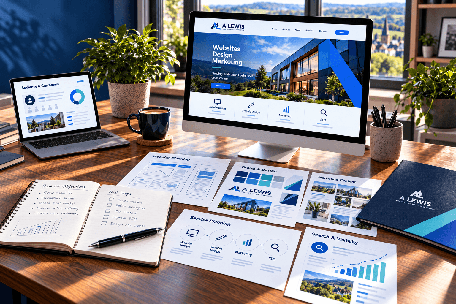 Service planning workspace for website design, graphic design, marketing and SEO by A Lewis in Crowborough, East Sussex