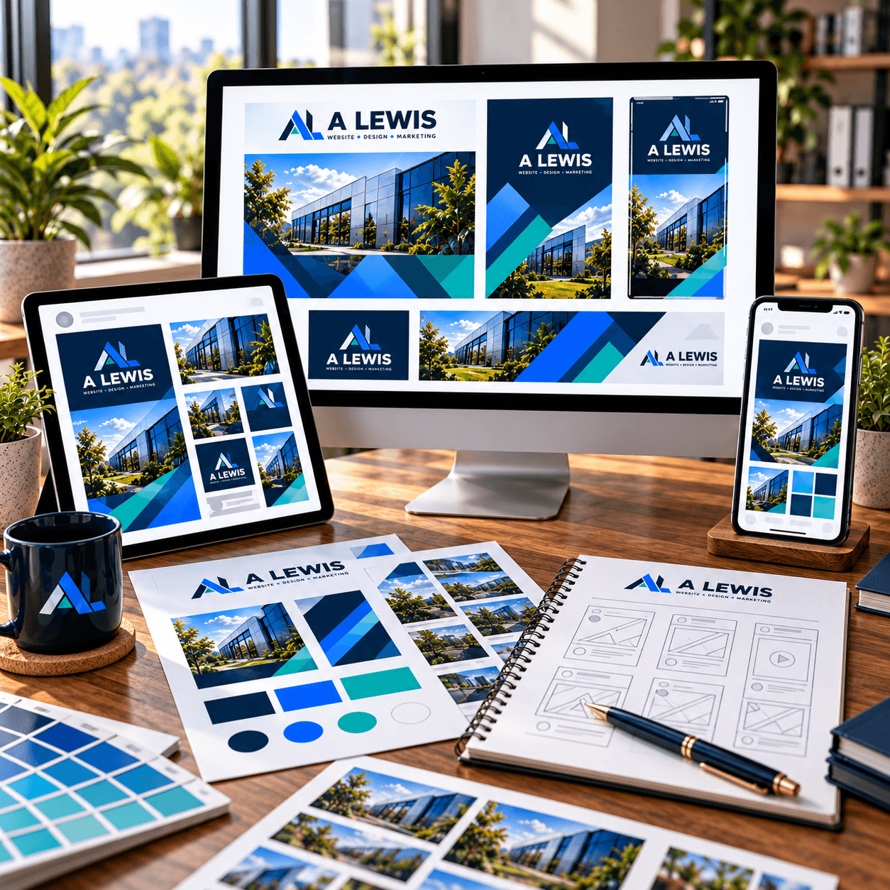 Social media graphics workspace with A Lewis branded digital content in Crowborough, East Sussex