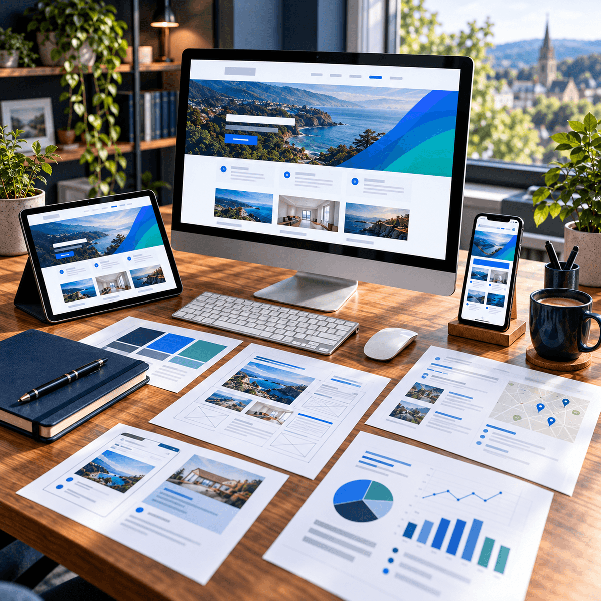 Desktop, tablet and phone showing website layouts with design plans for A Lewis in Crowborough, East Sussex