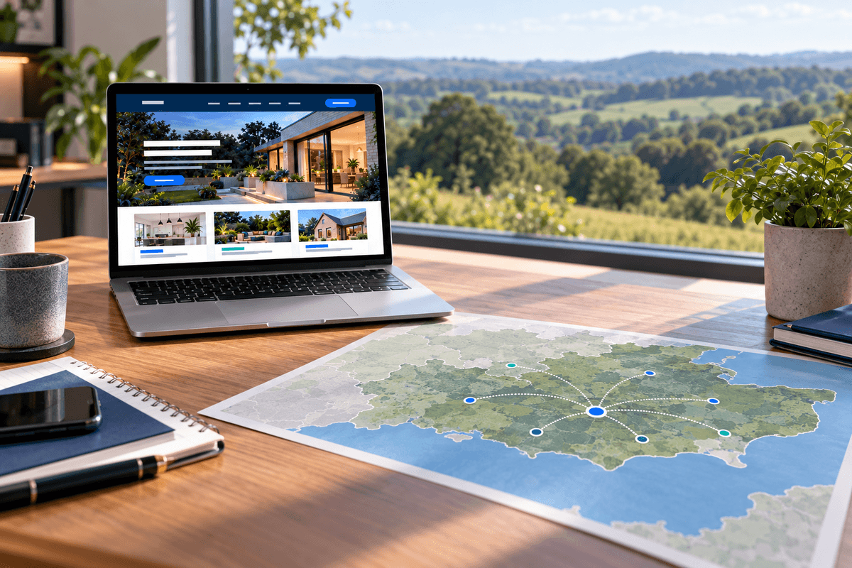 A Lewis web design workspace showing regional business coverage from Crowborough across East Sussex and Kent