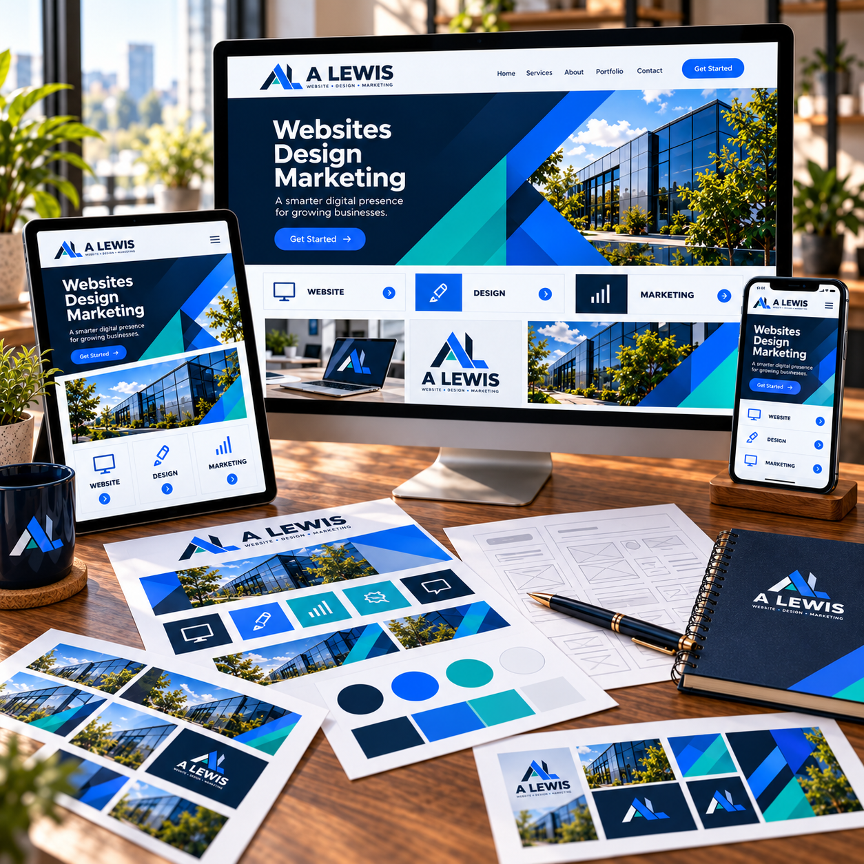 Website graphics and digital assets workspace with A Lewis branded web visuals in Crowborough, East Sussex
