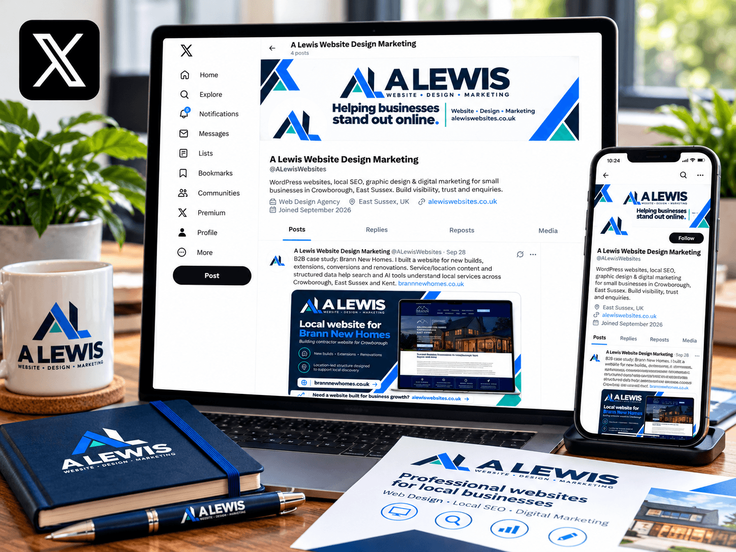 A Lewis X profile showing website, marketing and local SEO updates for businesses in Crowborough, East Sussex